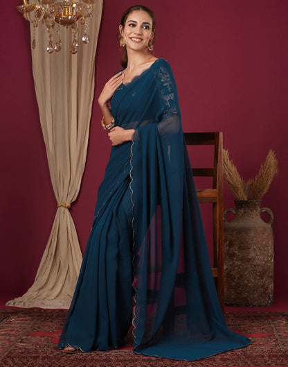 Rama Blue Georgette Dyed Plain Saree
