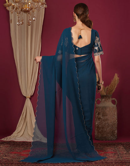 Rama Blue Georgette Dyed Plain Saree