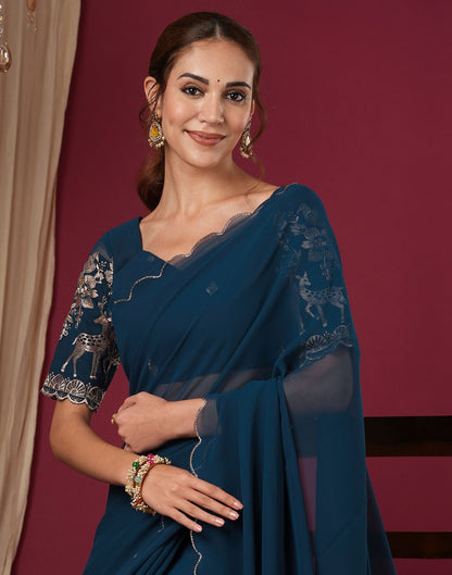 Rama Blue Georgette Dyed Plain Saree