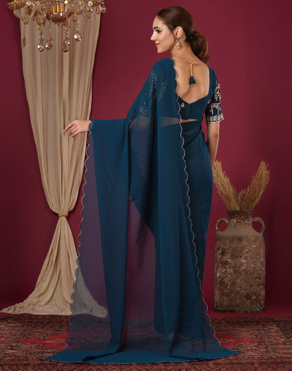 Rama Blue Georgette Dyed Plain Saree