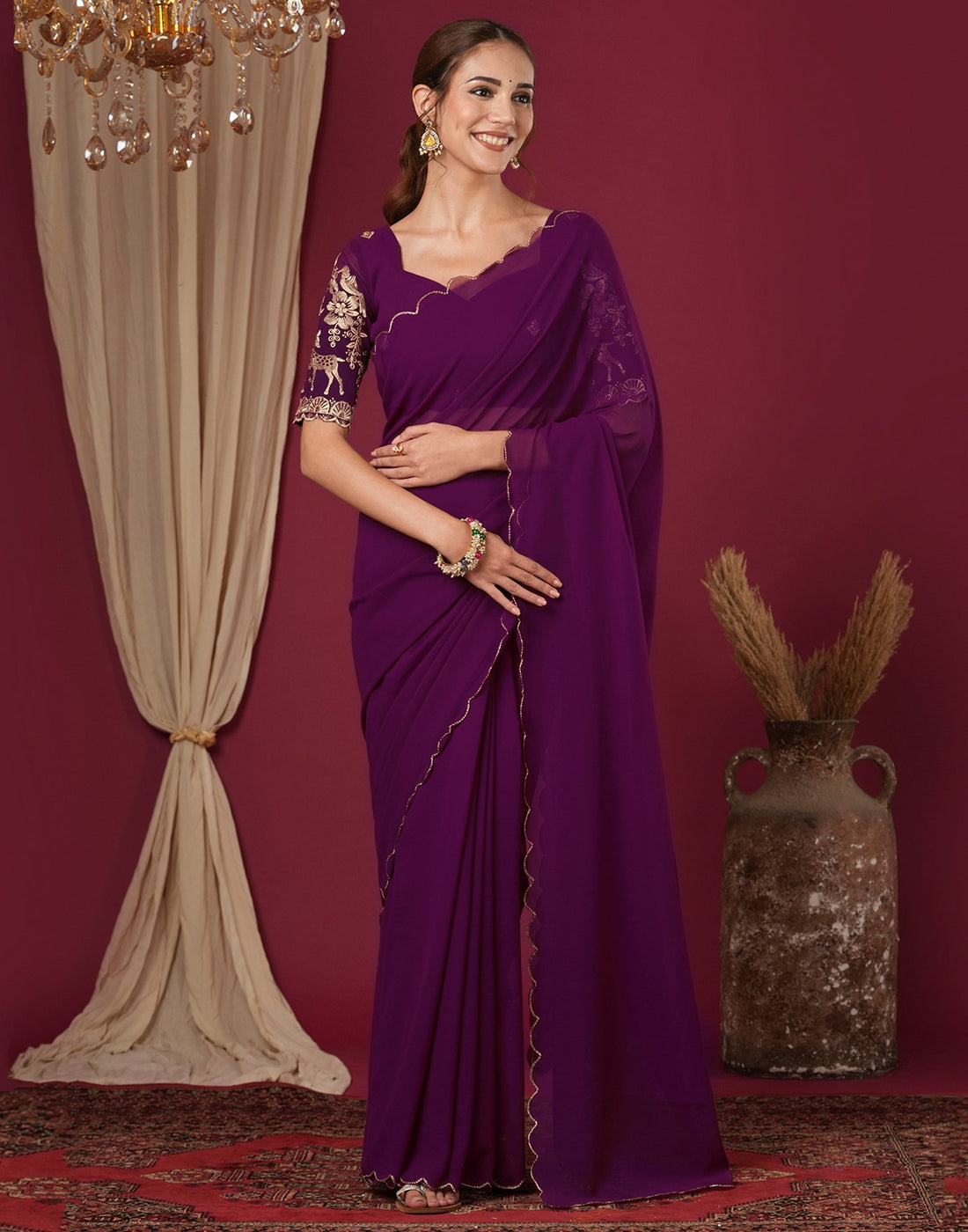 Wine Georgette Dyed Plain Saree