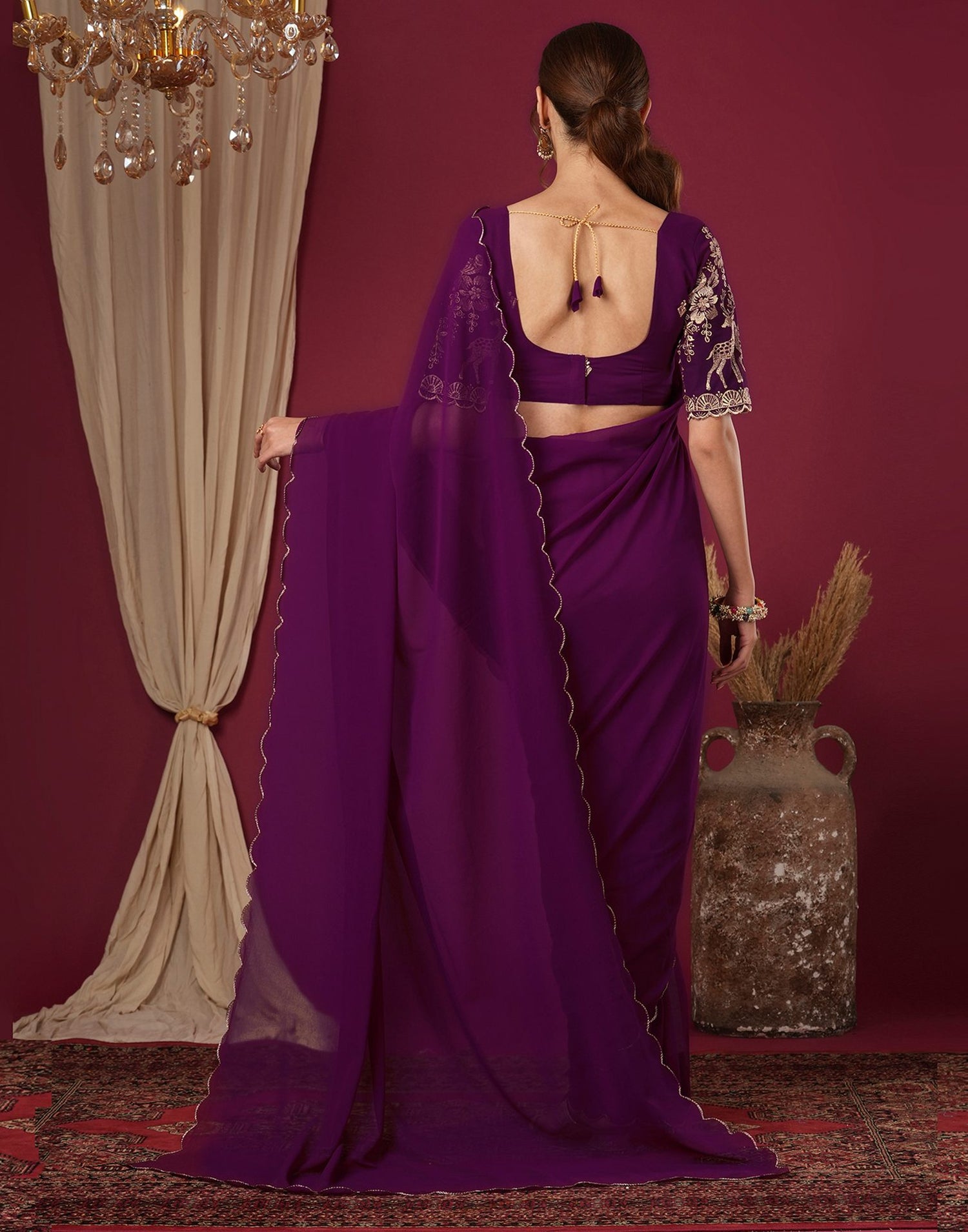 Wine Georgette Dyed Plain Saree