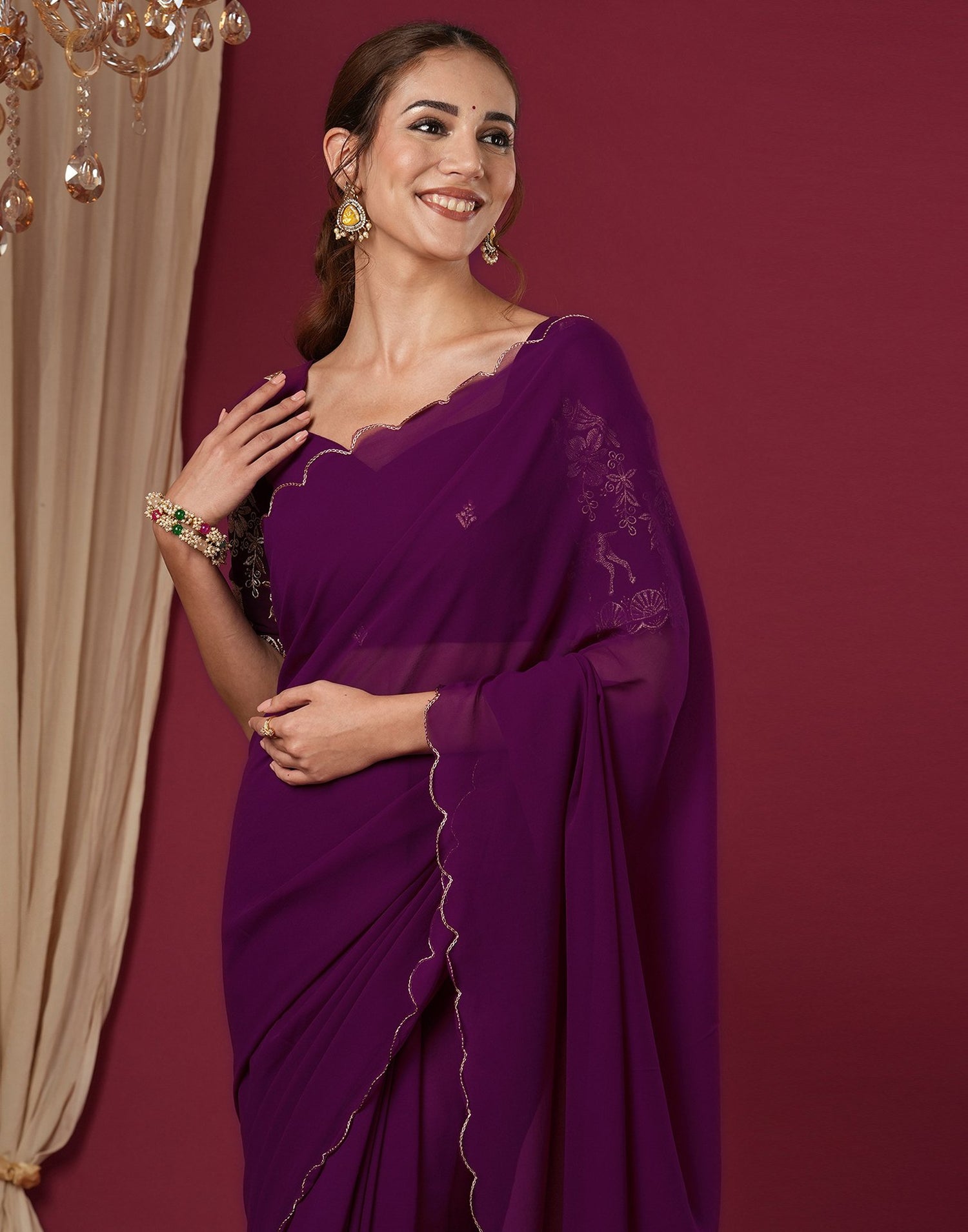 Wine Georgette Dyed Plain Saree