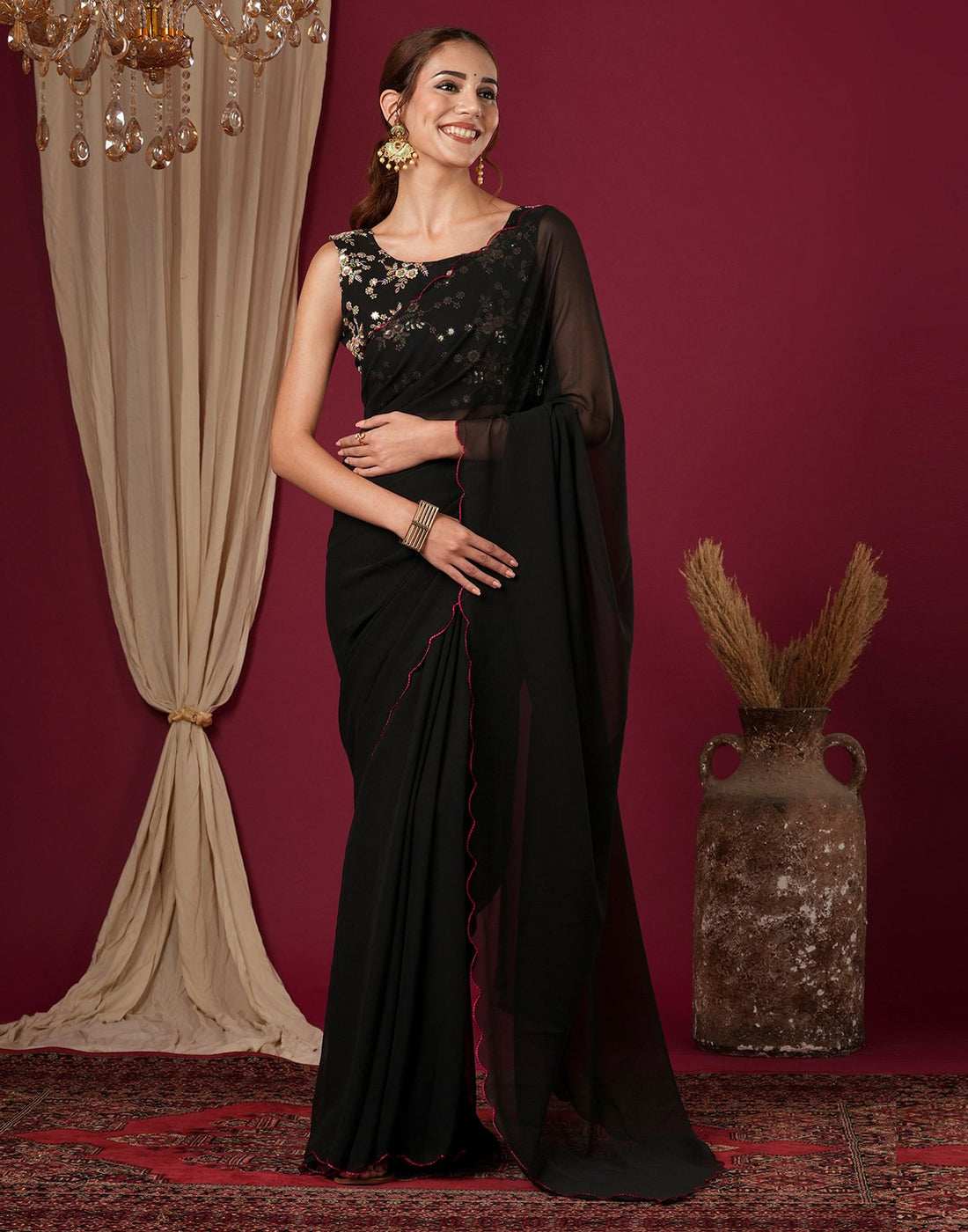 Black Georgette Dyed Plain Saree