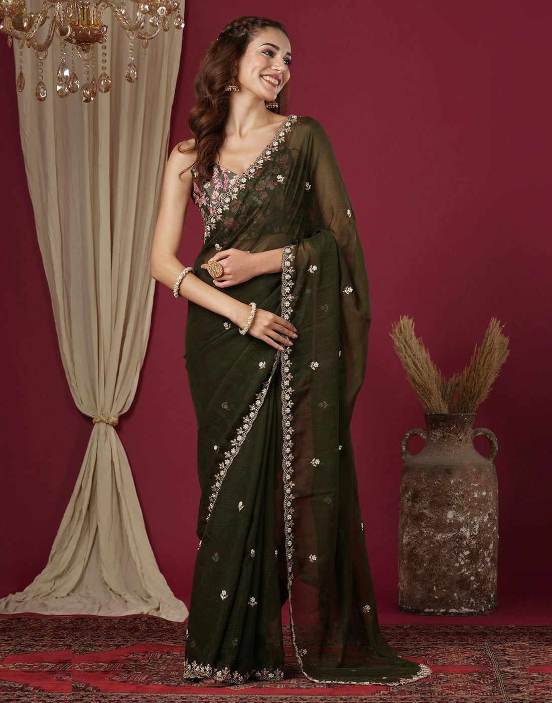 Mehndi Green Shimmer Pearl Work Embroidery Saree