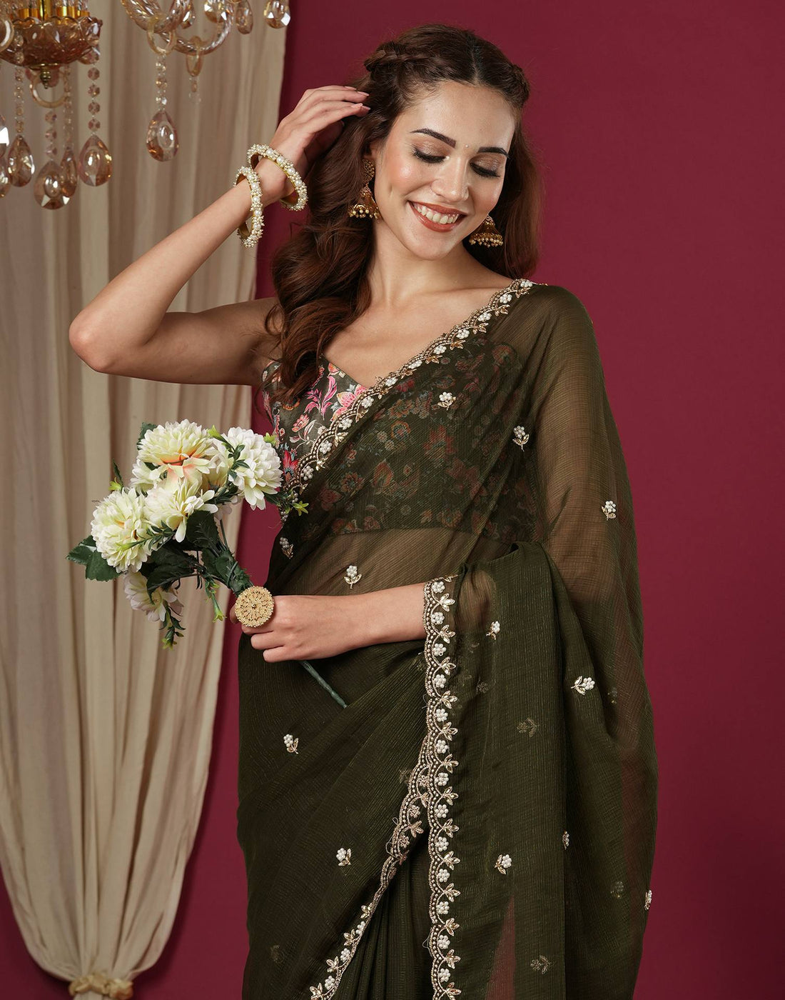 Mehndi Green Shimmer Pearl Work Embroidery Saree