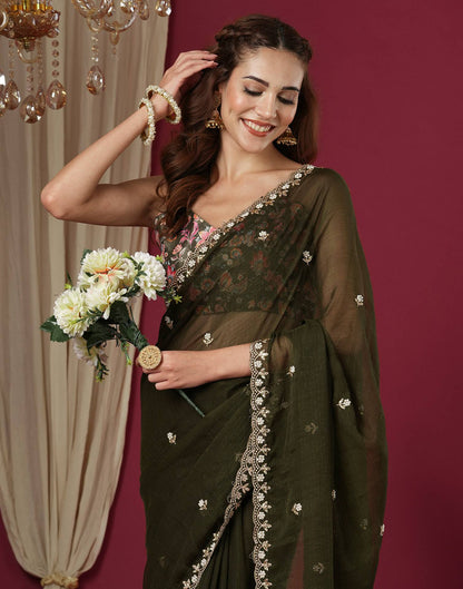 Mehndi Green Shimmer Pearl Work Embroidery Saree