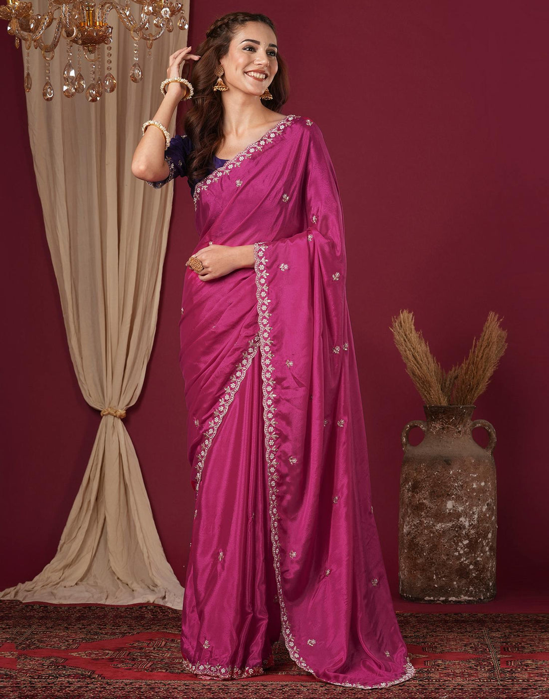 Pink Shimmer Pearl Work Embroidery Saree