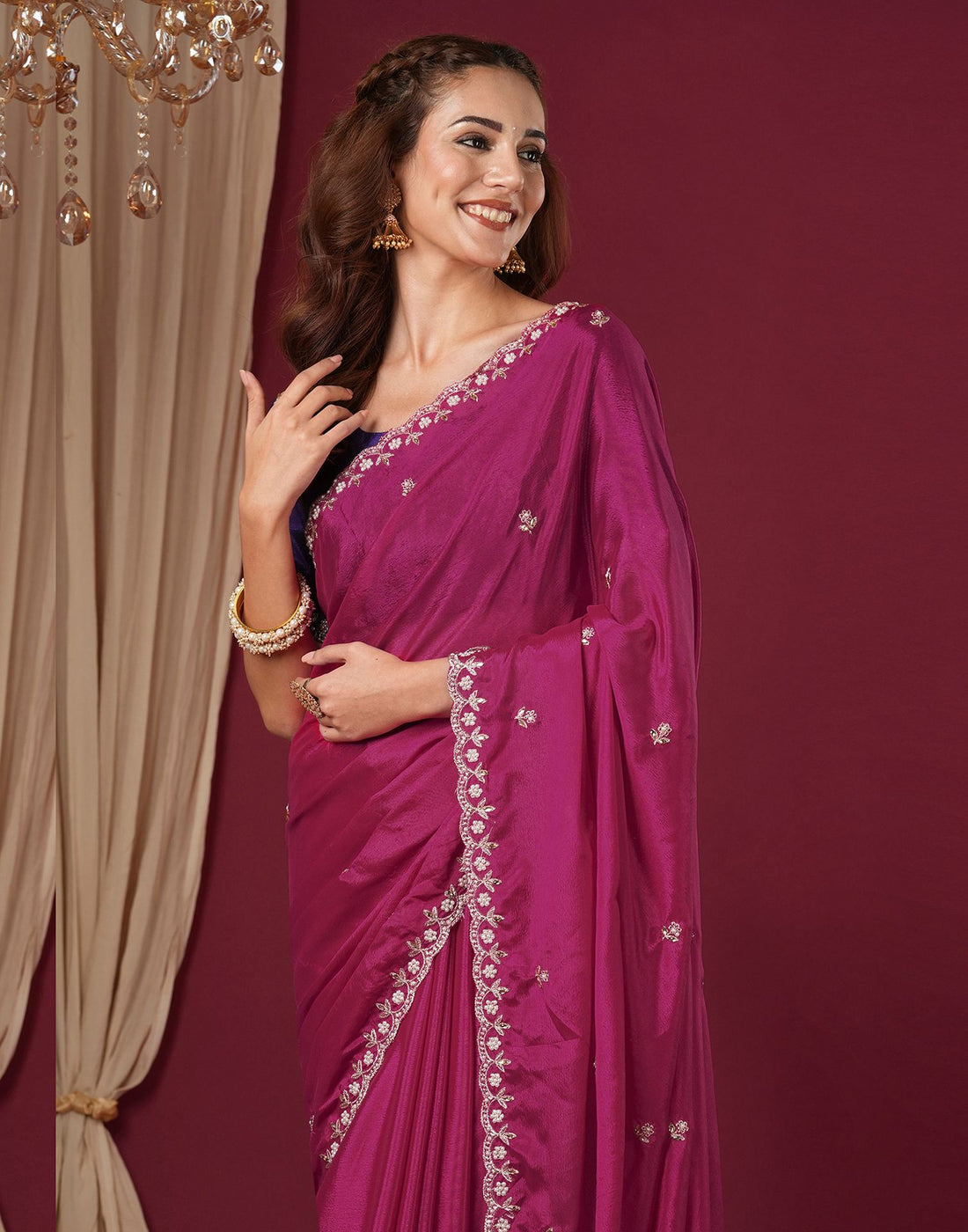 Pink Shimmer Pearl Work Embroidery Saree