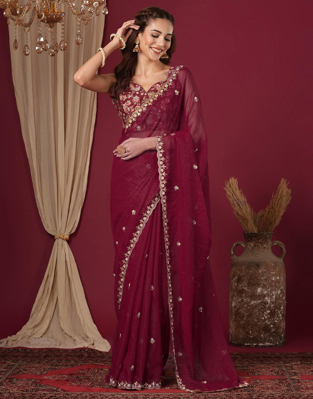 Burgundy Shimmer Pearl Work Embroidery Saree