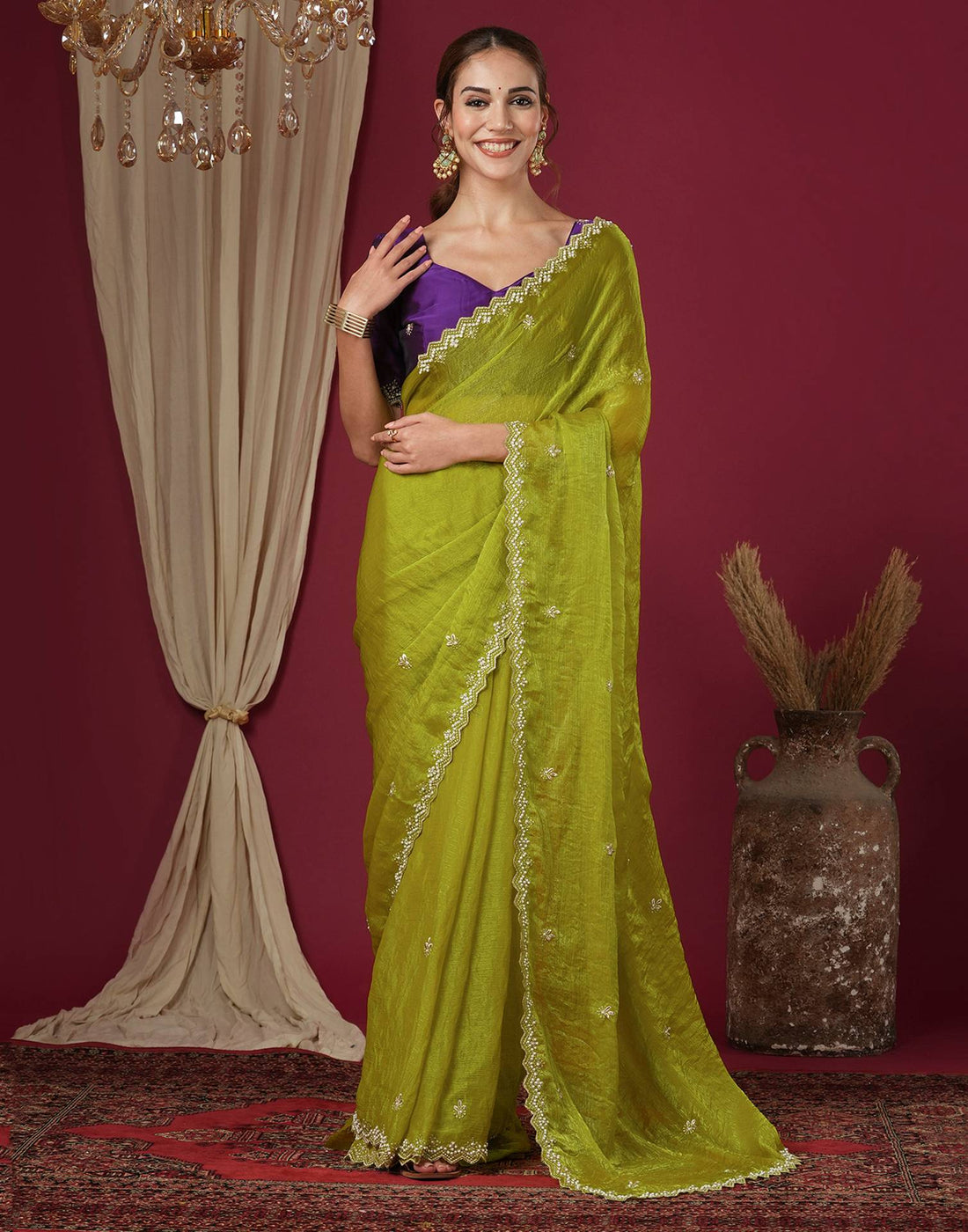 Lime Green Shimmer Pearl Work Embroidery Saree
