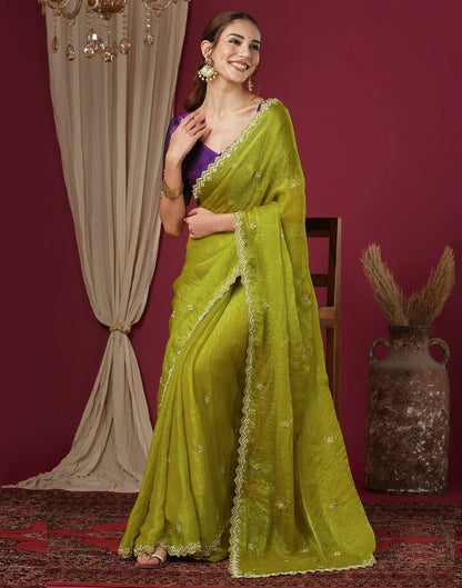 Lime Green Shimmer Pearl Work Embroidery Saree