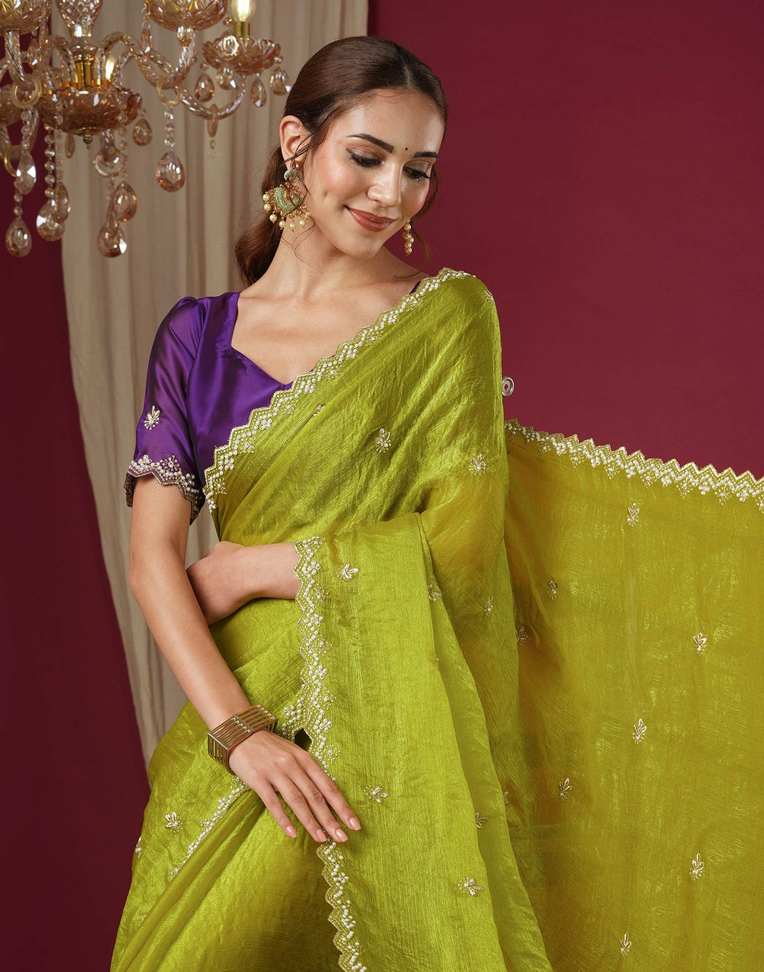 Lime Green Shimmer Pearl Work Embroidery Saree
