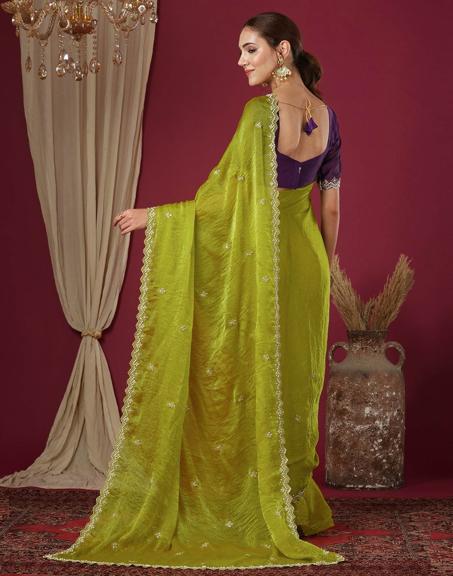 Lime Green Shimmer Pearl Work Embroidery Saree