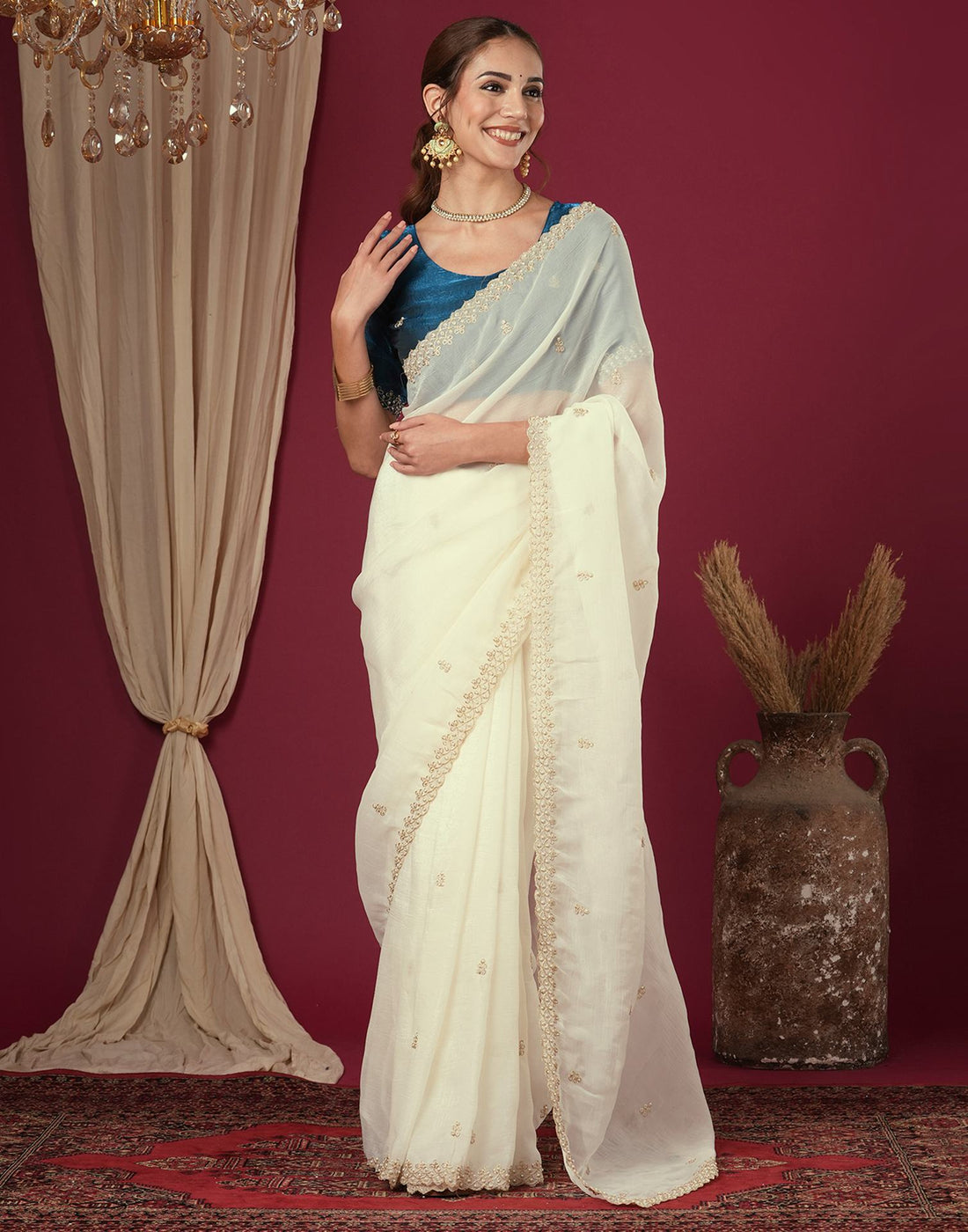 Cream Shimmer Pearl Work Embroidery Saree