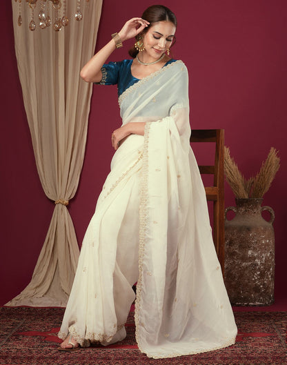 Cream Shimmer Pearl Work Embroidery Saree