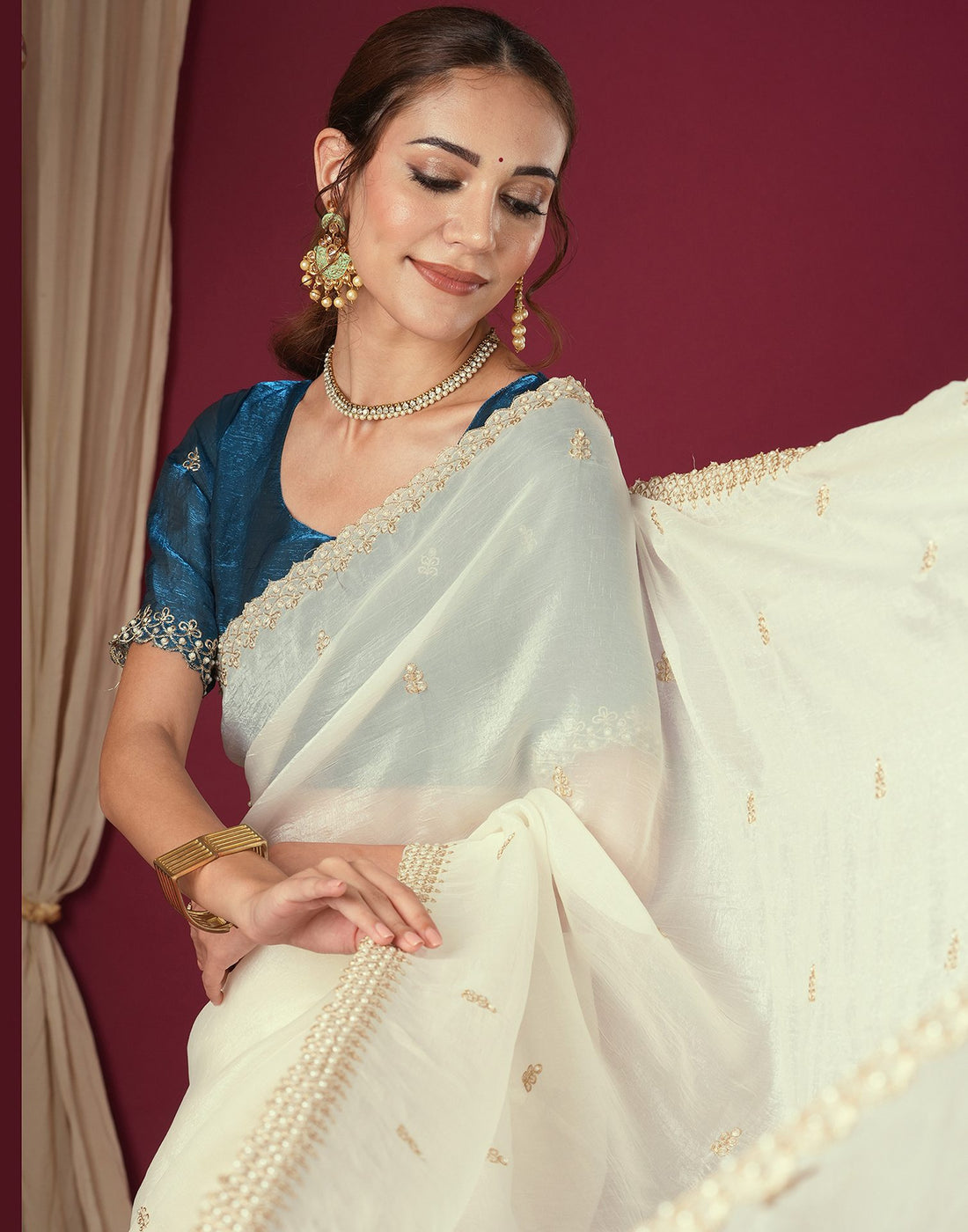 Cream Shimmer Pearl Work Embroidery Saree