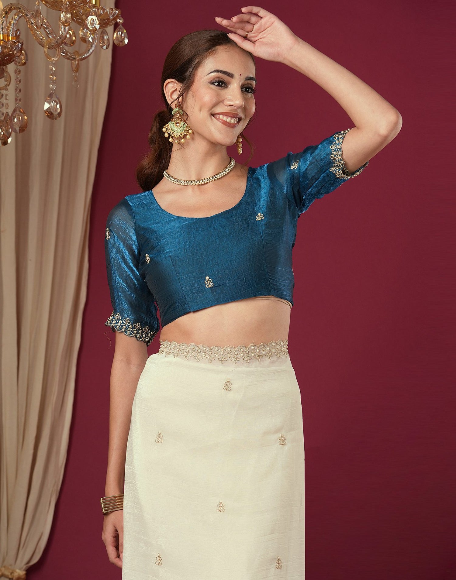 Cream Shimmer Pearl Work Embroidery Saree