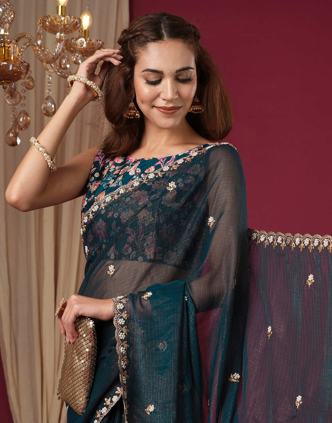 Rama Green Shimmer Pearl Work Embroidery Saree