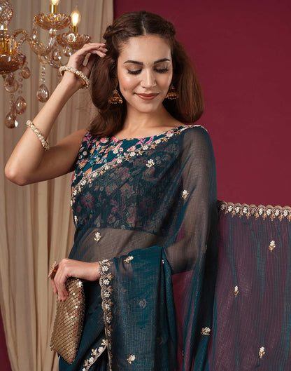 Rama Green Shimmer Pearl Work Embroidery Saree