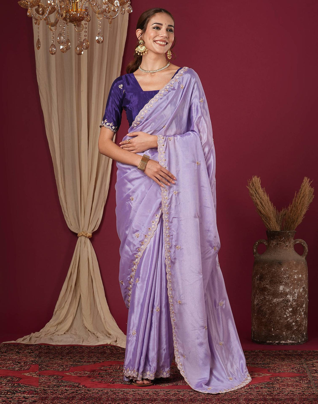 Lavender Shimmer Pearl Work Embroidery Saree