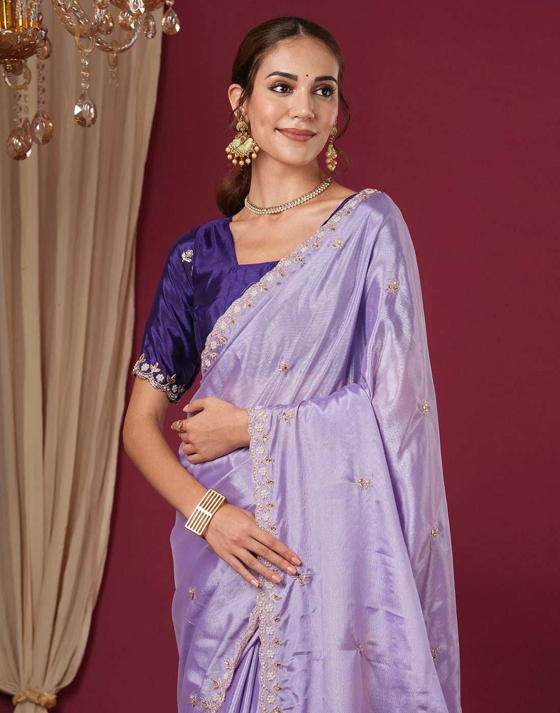 Lavender Shimmer Pearl Work Embroidery Saree