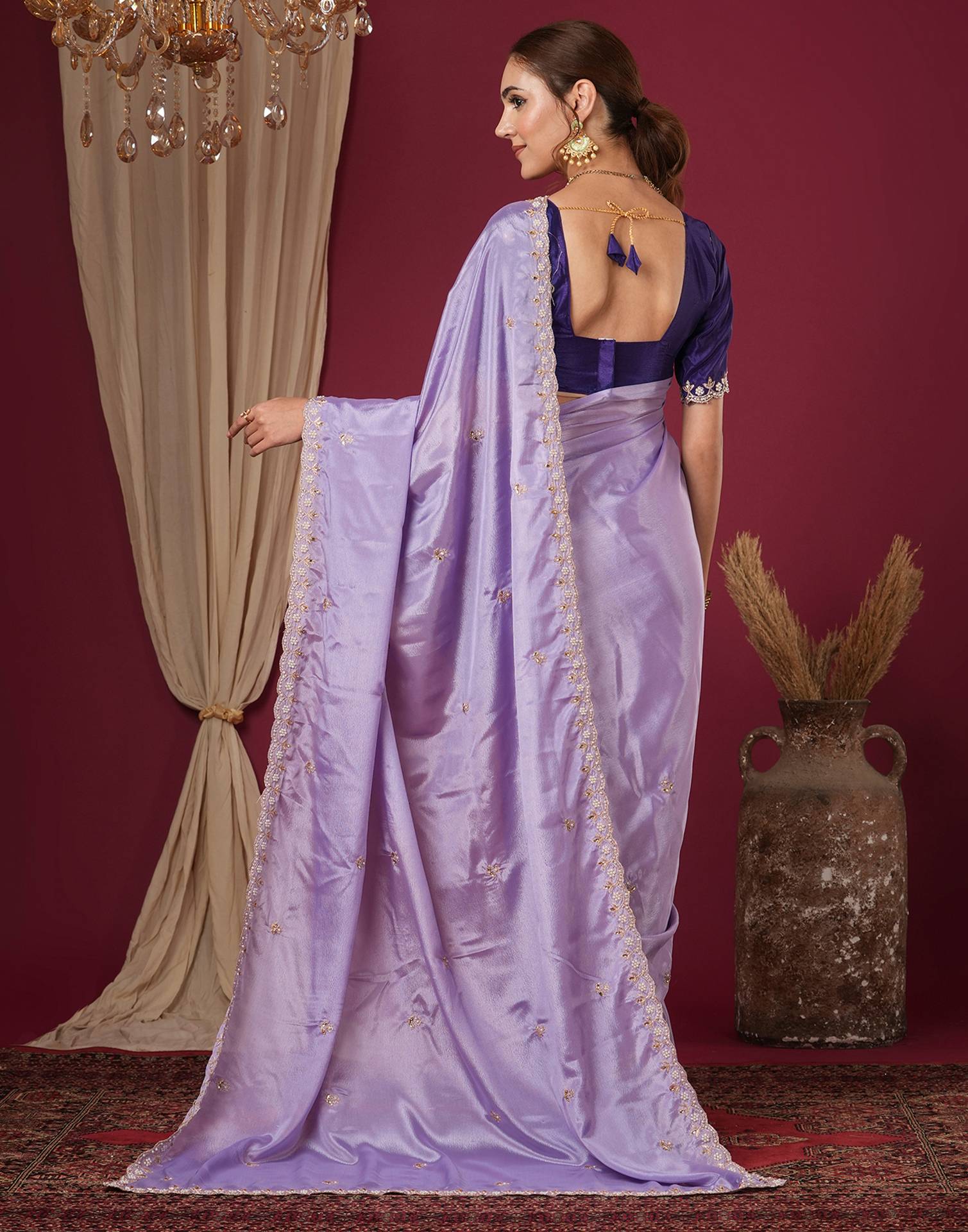 Lavender Shimmer Pearl Work Embroidery Saree