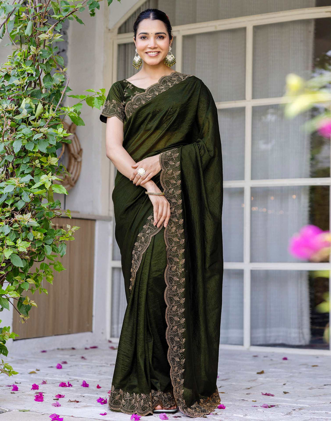Mehndi Green Tissue Silk Stone Work Swarovski Saree