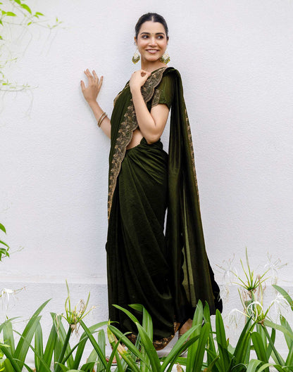 Mehndi Green Tissue Silk Stone Work Swarovski Saree