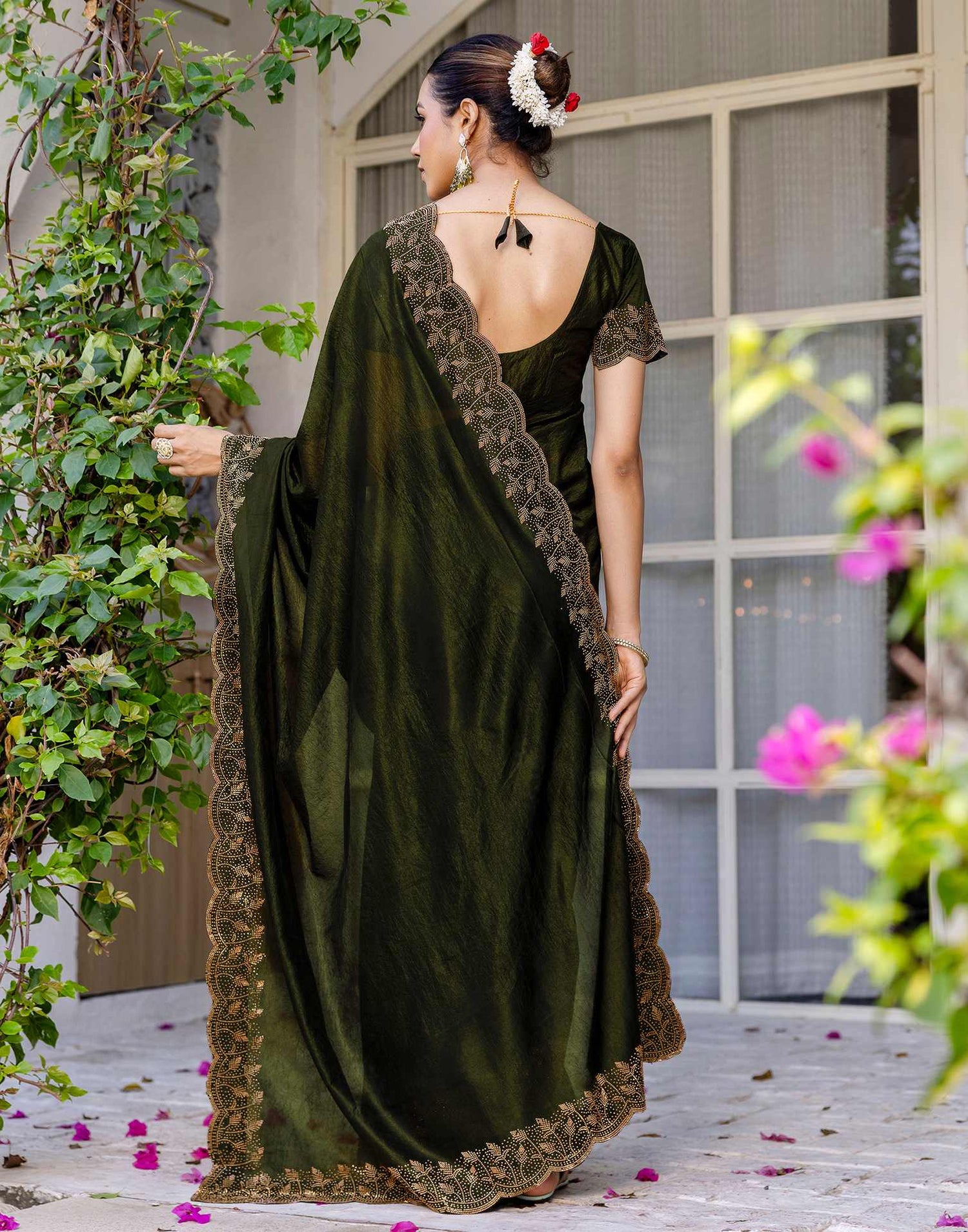 Mehndi Green Tissue Silk Stone Work Swarovski Saree