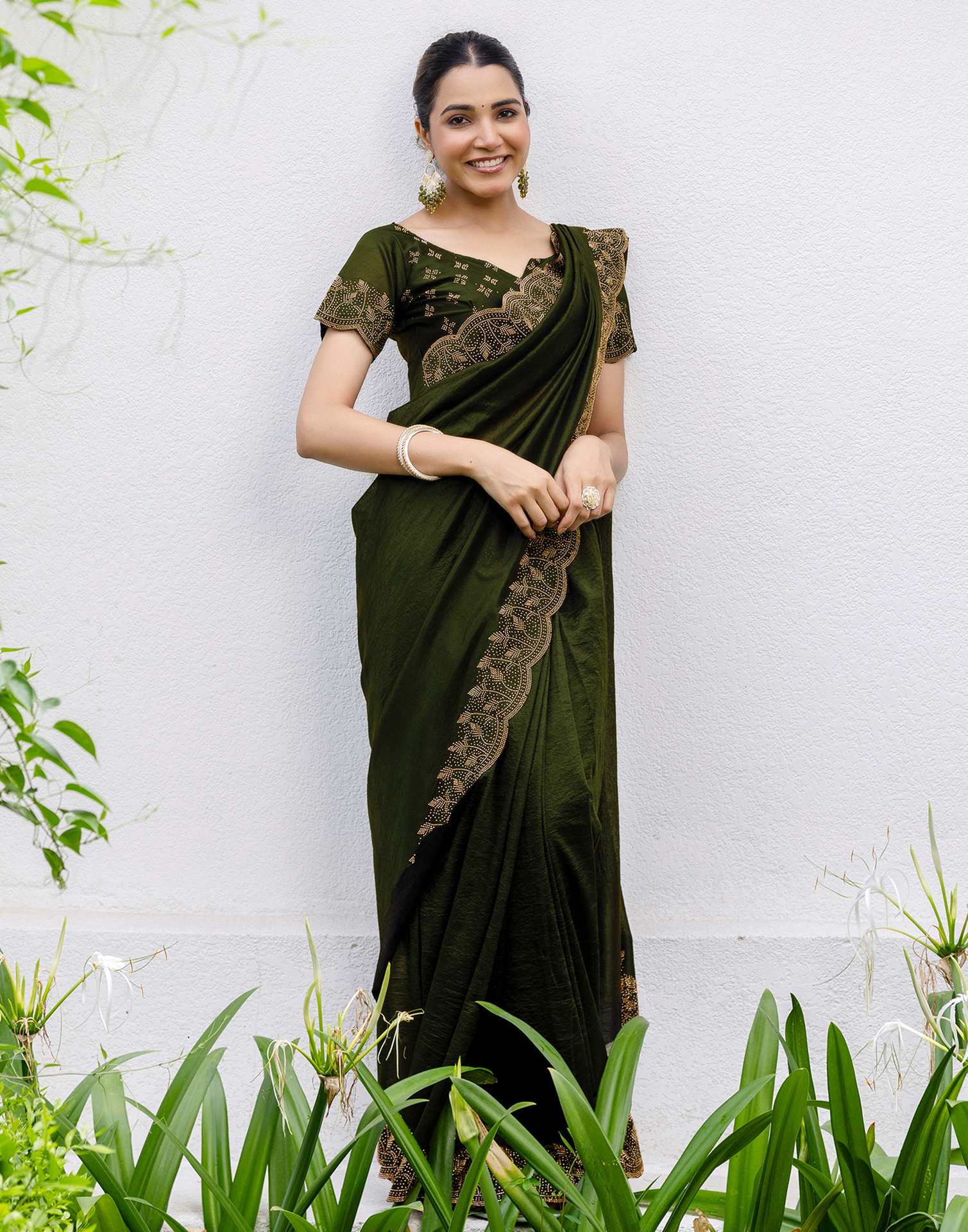 Mehndi Green Tissue Silk Stone Work Swarovski Saree