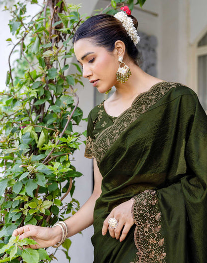 Mehndi Green Tissue Silk Stone Work Swarovski Saree