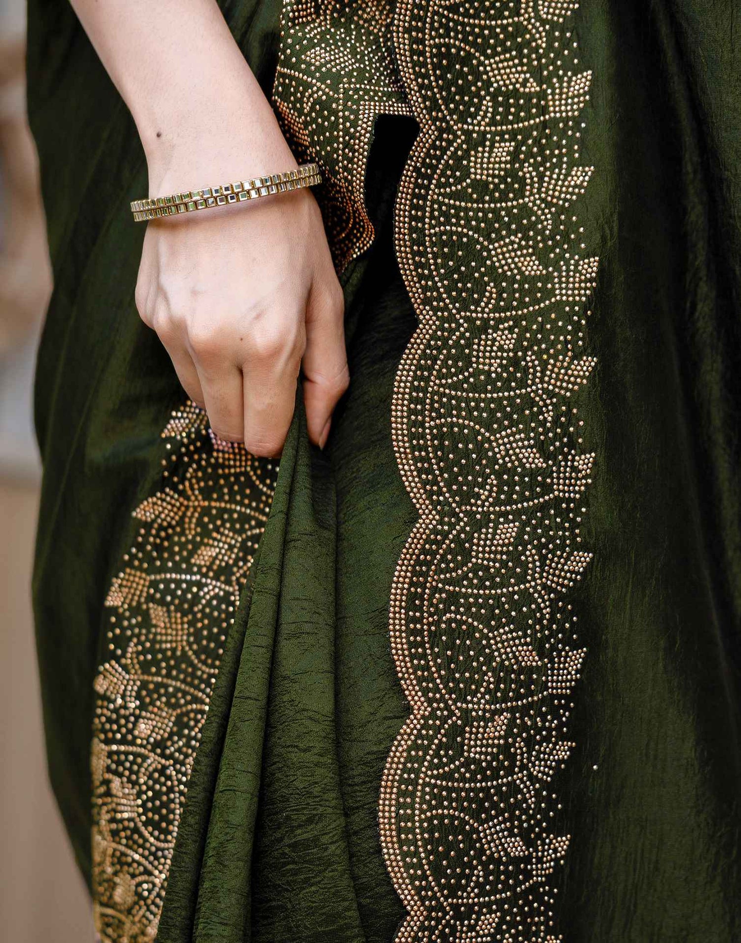 Mehndi Green Tissue Silk Stone Work Swarovski Saree