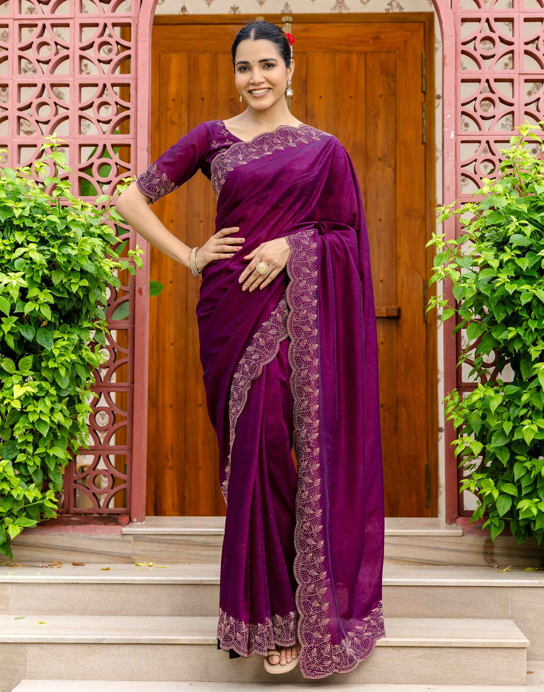 Dark Purple Tissue Silk Stone Work Swarovski Saree