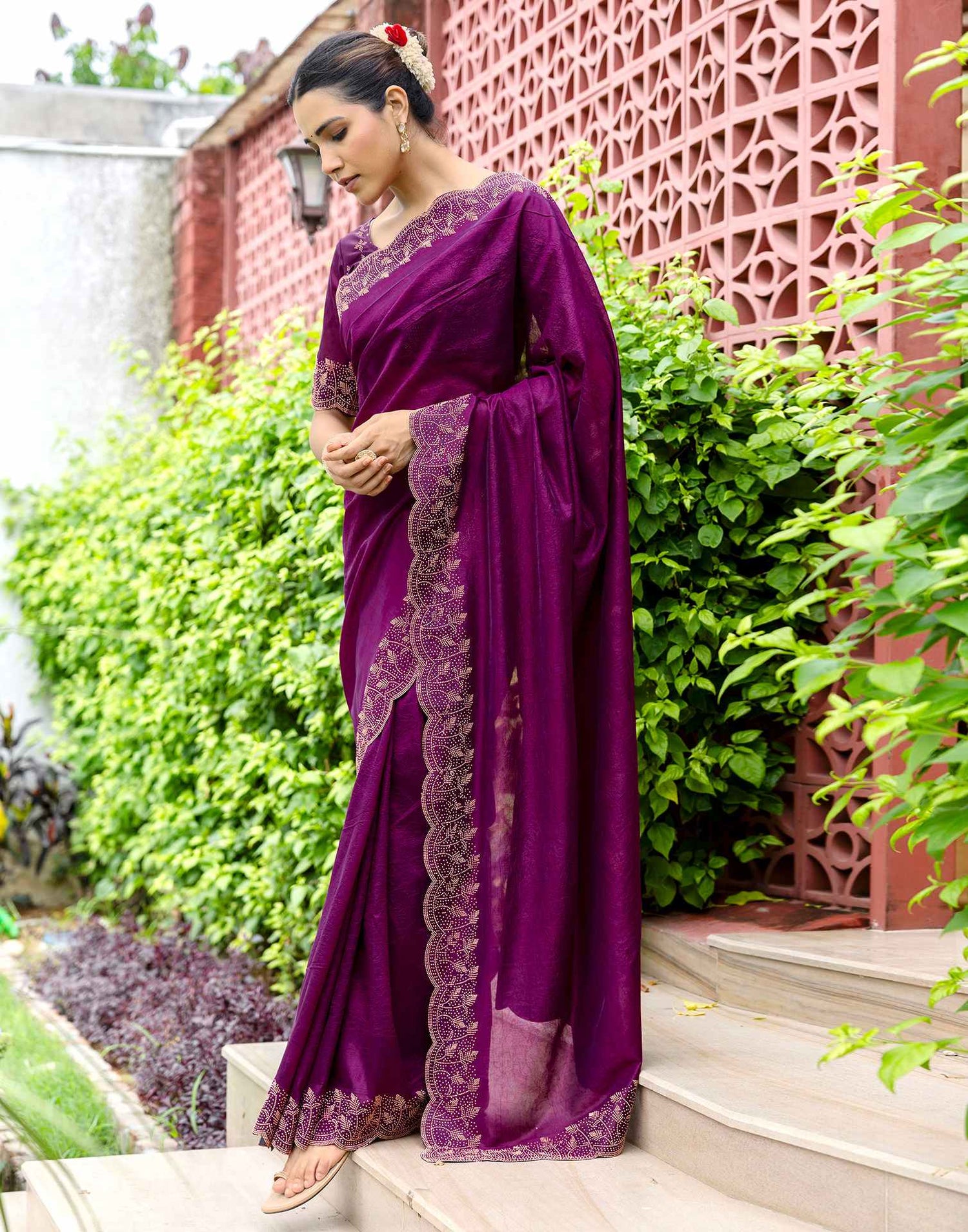Dark Purple Tissue Silk Stone Work Swarovski Saree