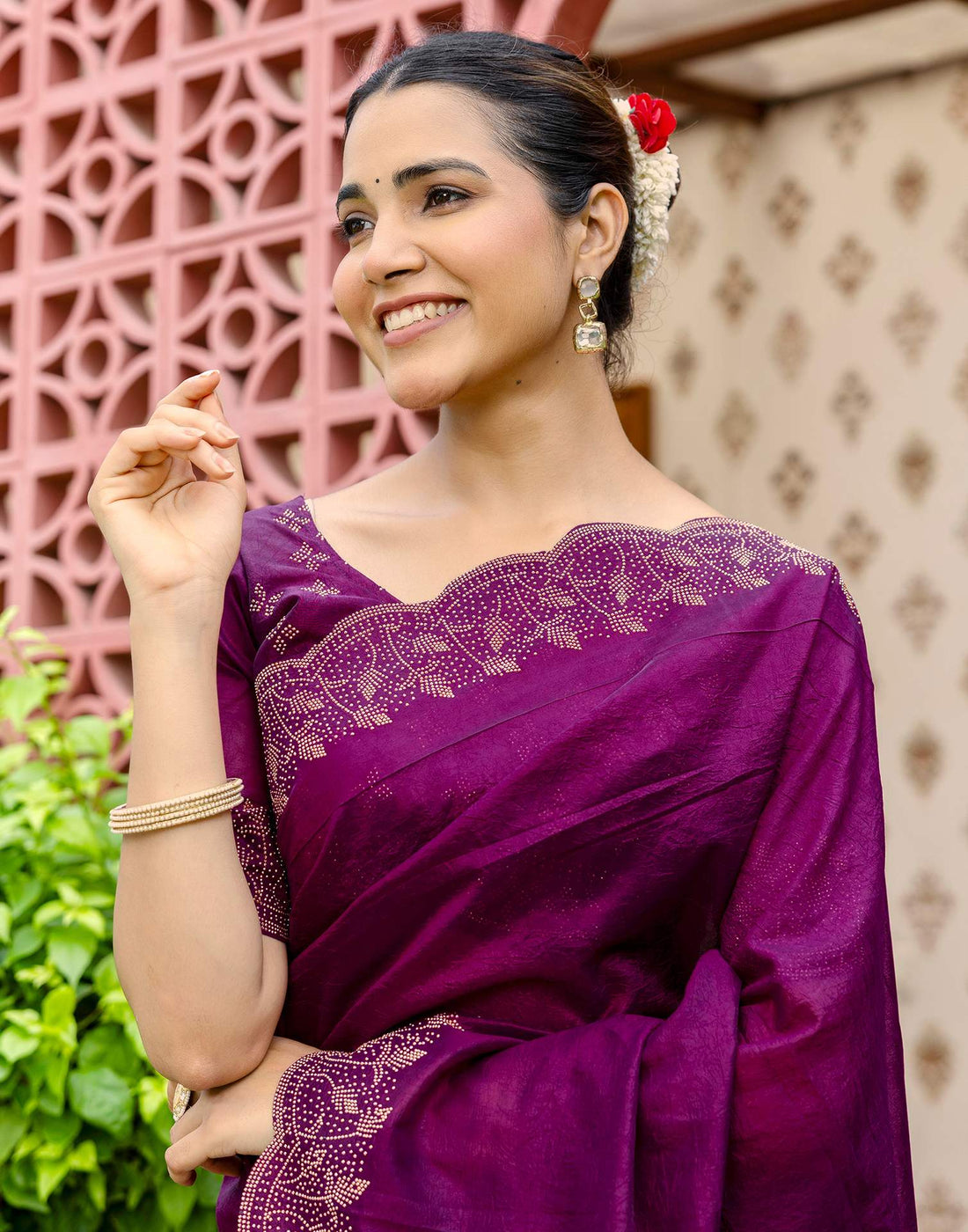 Dark Purple Tissue Silk Stone Work Swarovski Saree