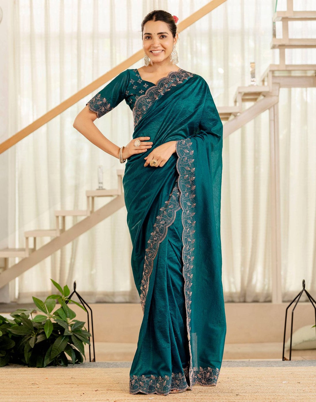 Dark Teal Blue Tissue Silk Stone Work Swarovski Saree