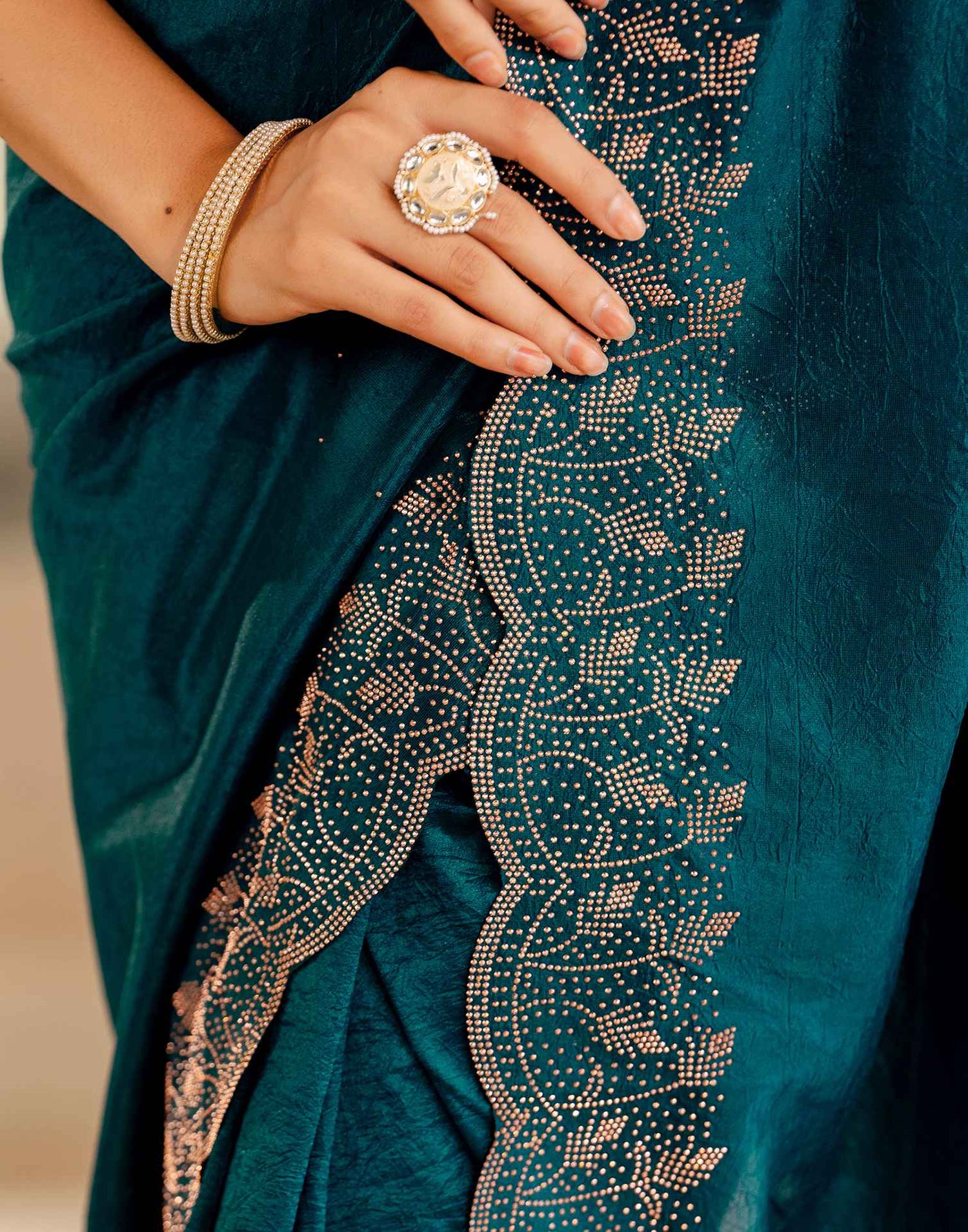 Dark Teal Blue Tissue Silk Stone Work Swarovski Saree