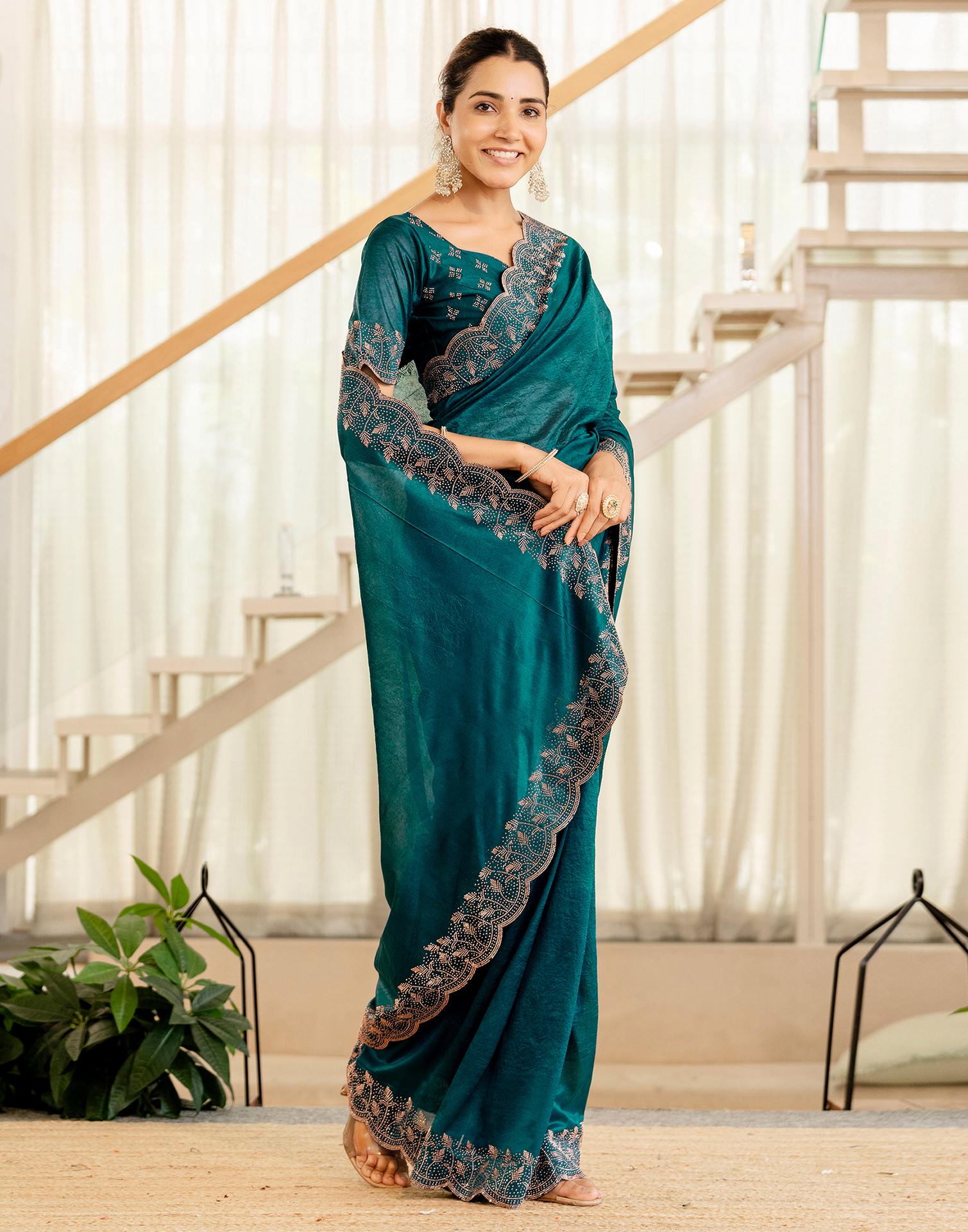 Dark Teal Blue Tissue Silk Stone Work Swarovski Saree