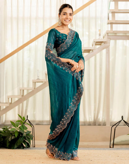 Dark Teal Blue Tissue Silk Stone Work Swarovski Saree