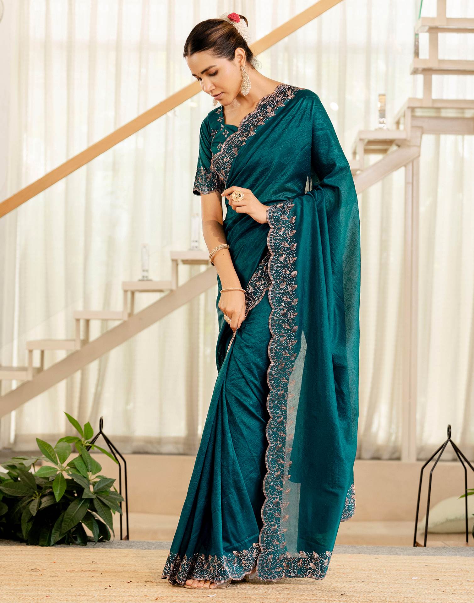 Dark Teal Blue Tissue Silk Stone Work Swarovski Saree