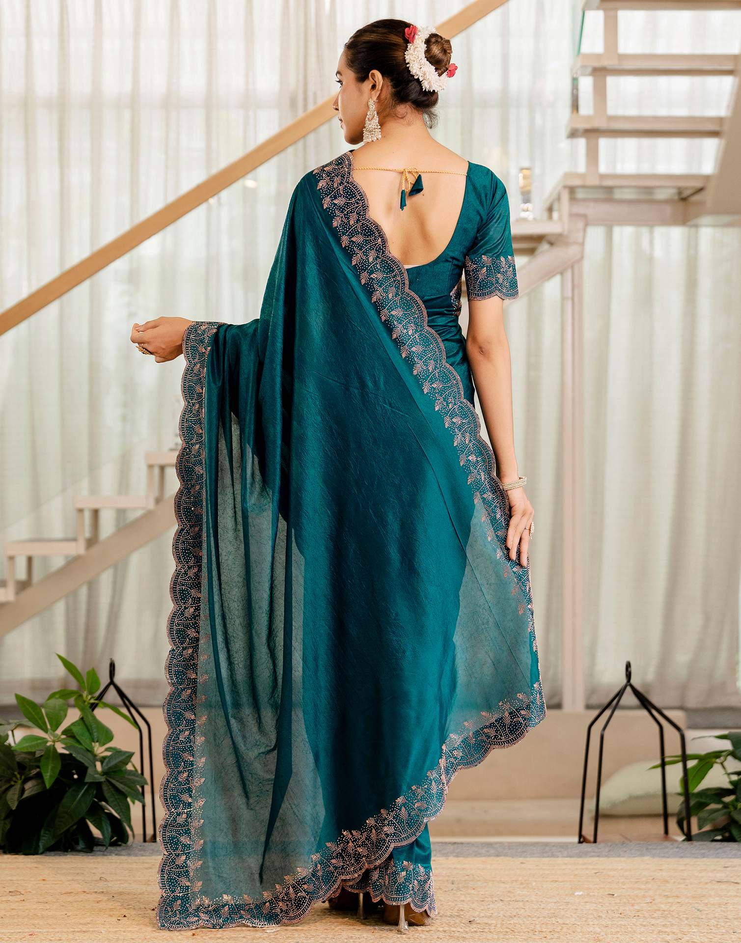 Dark Teal Blue Tissue Silk Stone Work Swarovski Saree