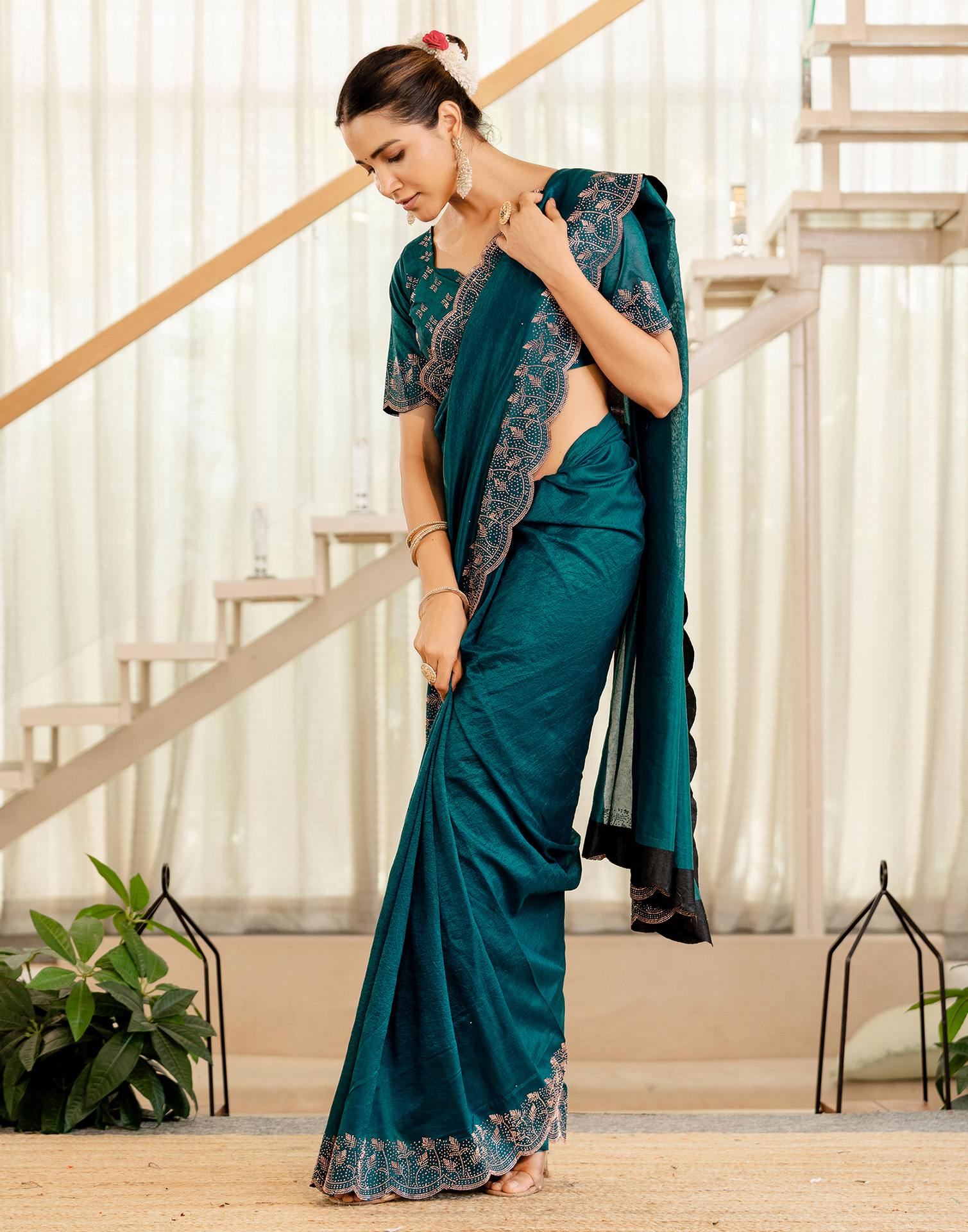 Dark Teal Blue Tissue Silk Stone Work Swarovski Saree