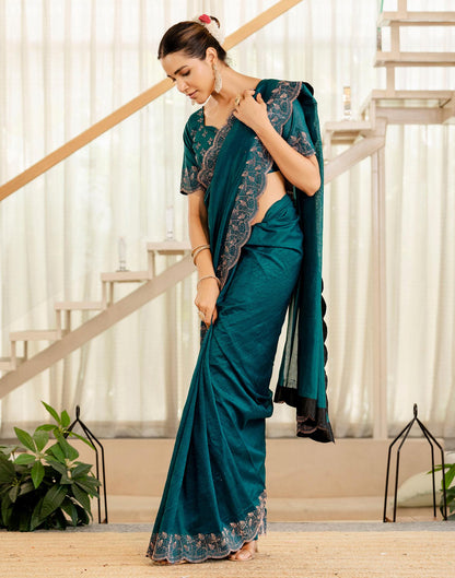 Dark Teal Blue Tissue Silk Stone Work Swarovski Saree