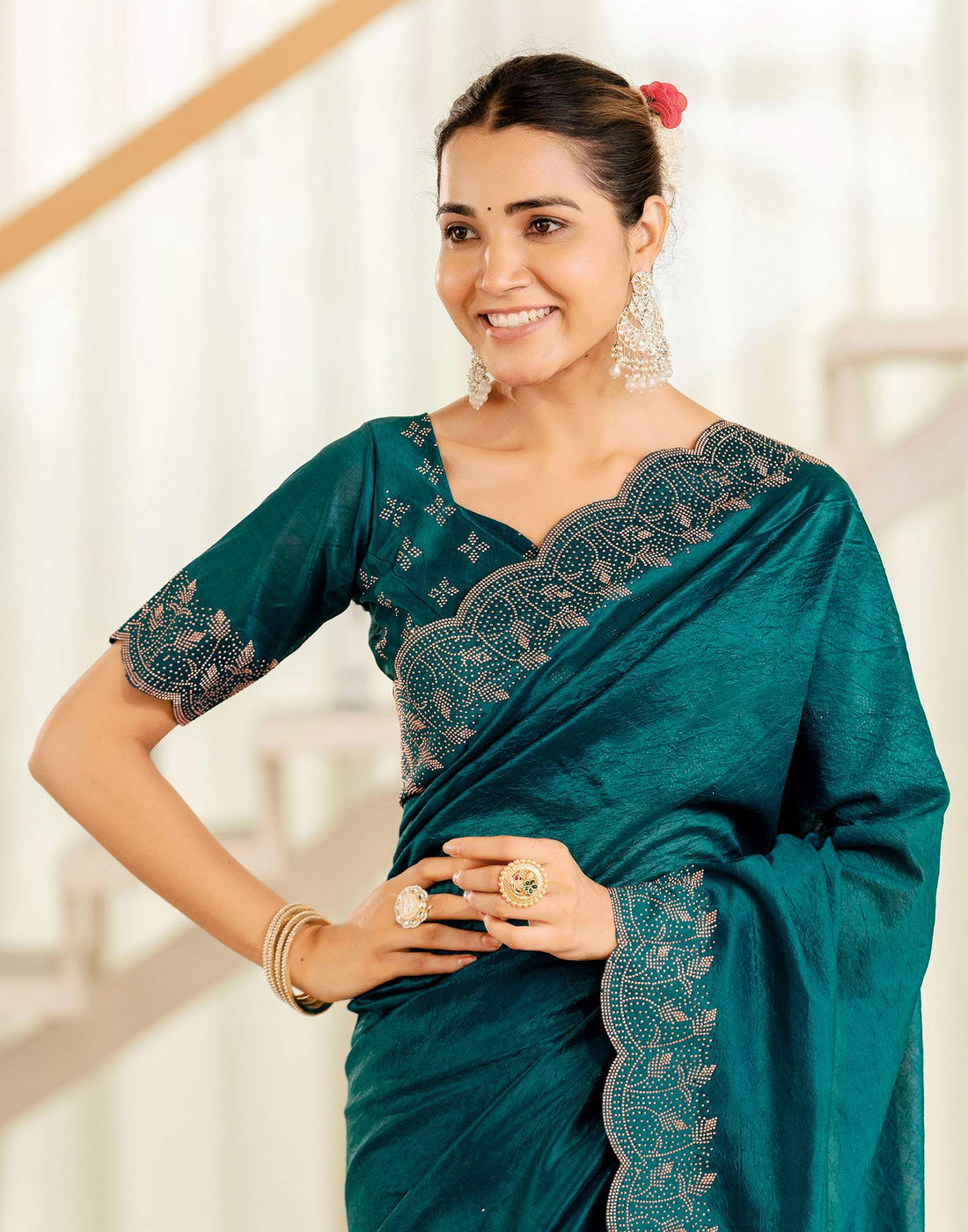 Dark Teal Blue Tissue Silk Stone Work Swarovski Saree