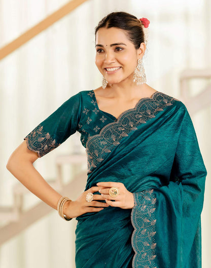 Dark Teal Blue Tissue Silk Stone Work Swarovski Saree
