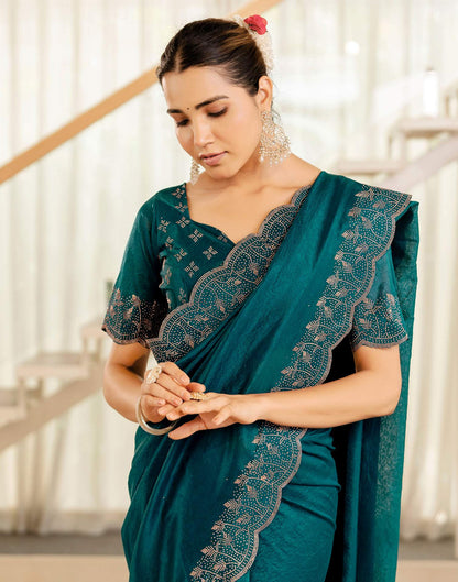 Dark Teal Blue Tissue Silk Stone Work Swarovski Saree