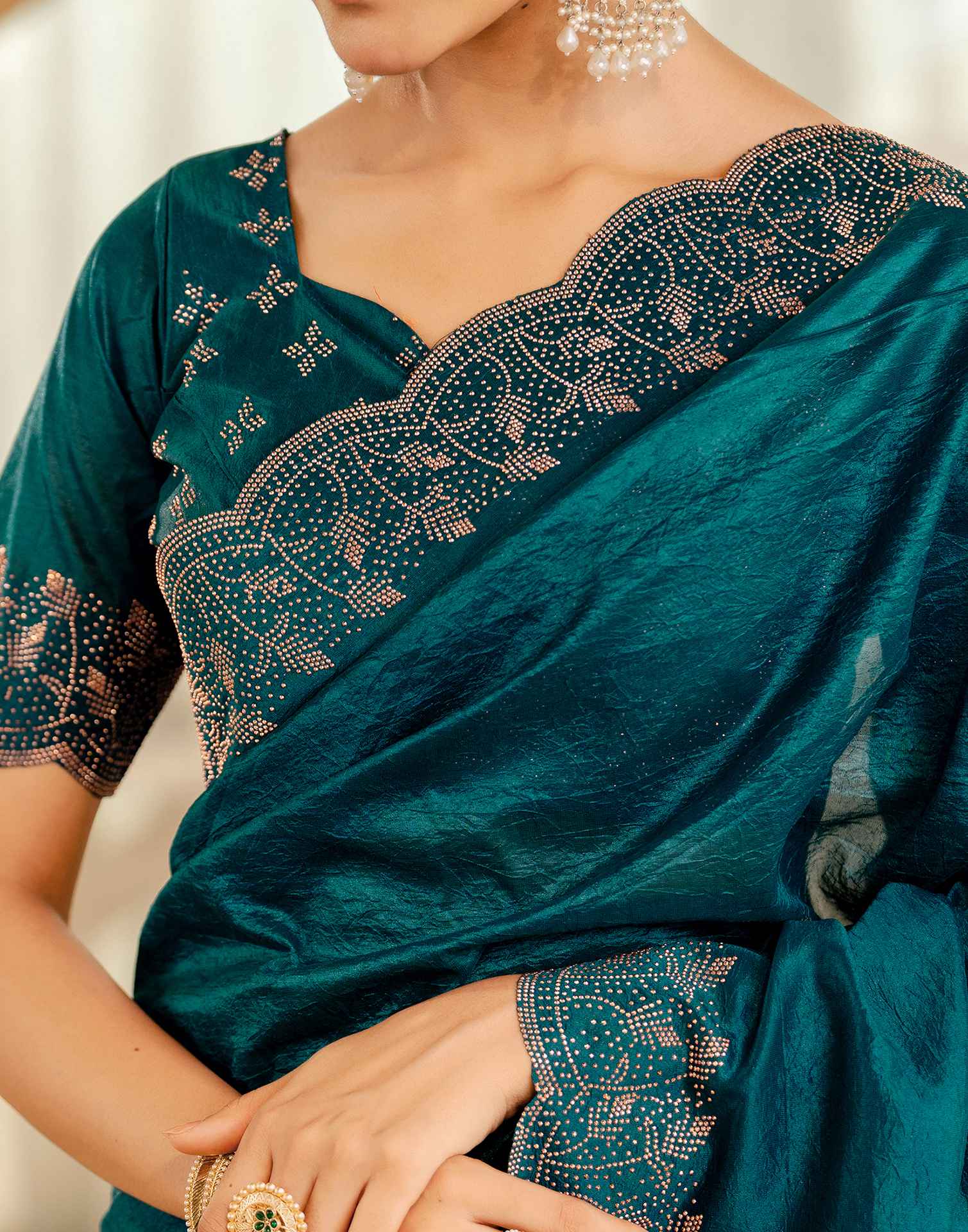 Dark Teal Blue Tissue Silk Stone Work Swarovski Saree