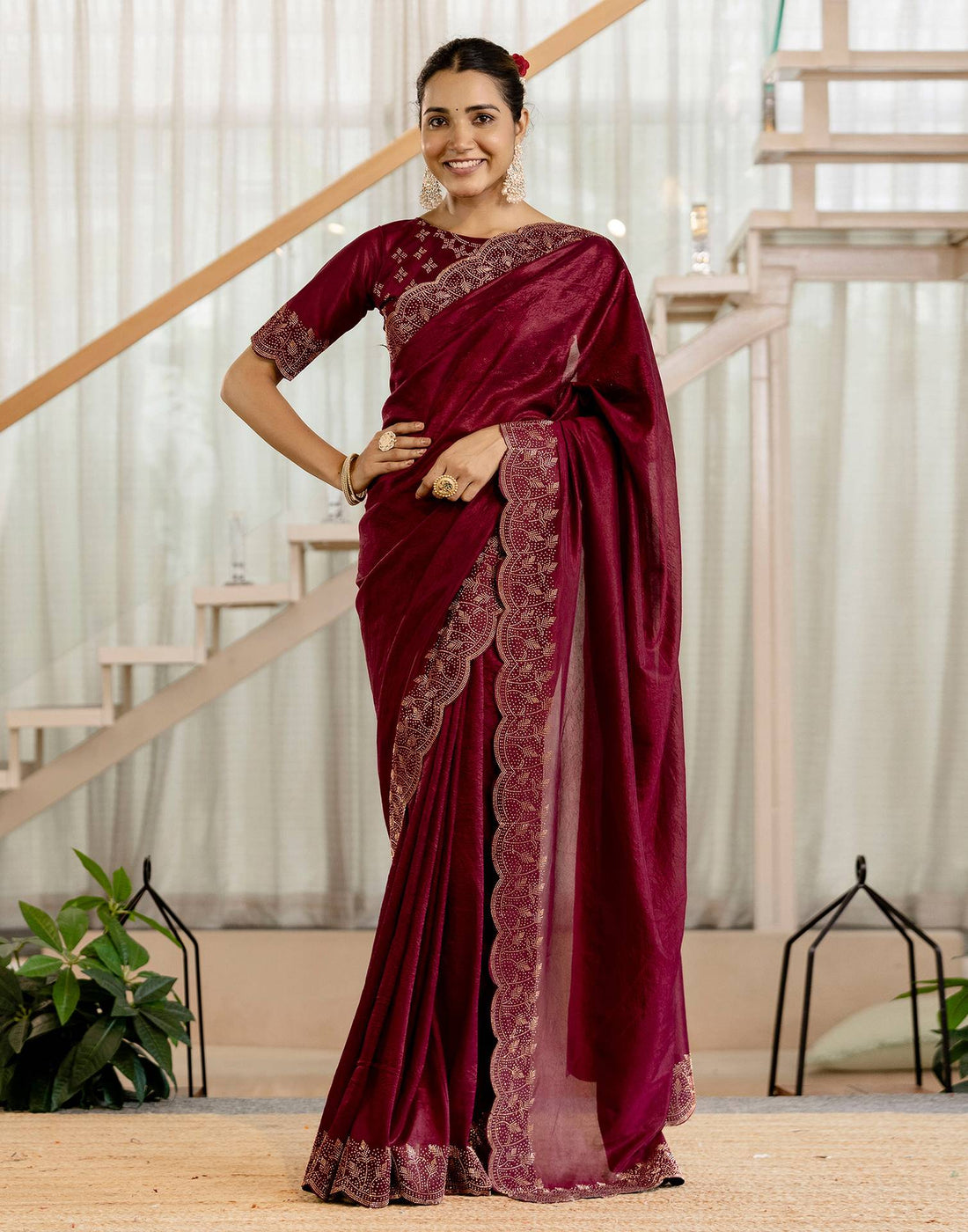 Maroon Tissue Silk Stone Work Swarovski Saree