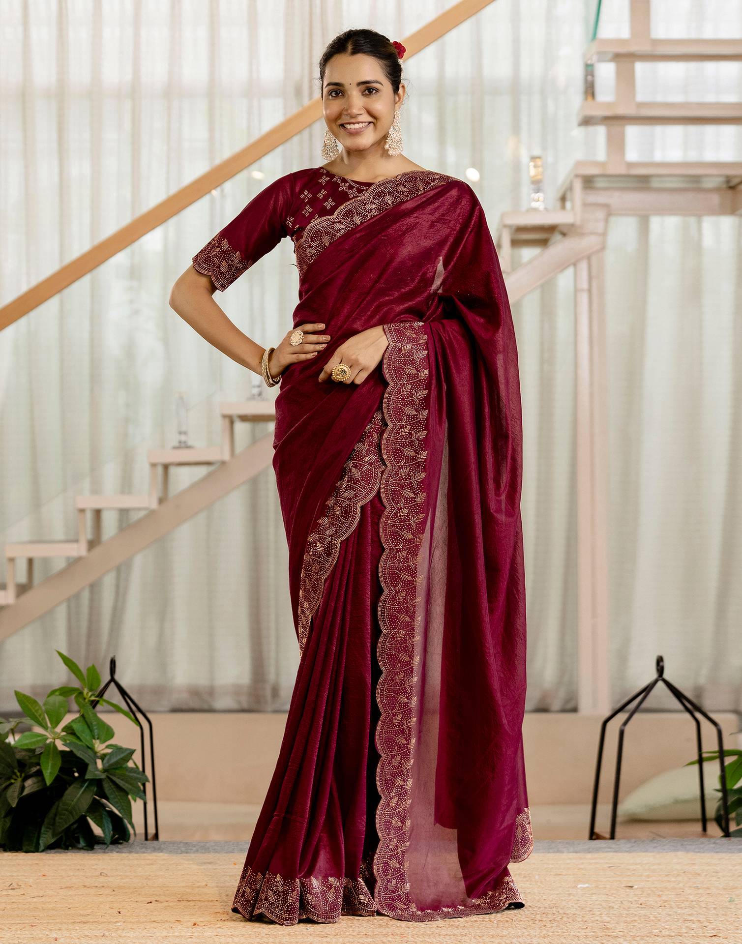 Maroon Tissue Silk Stone Work Swarovski Saree